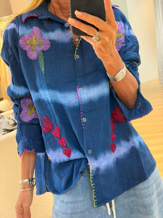 Hand Embroidery Blue tie dye Shirt