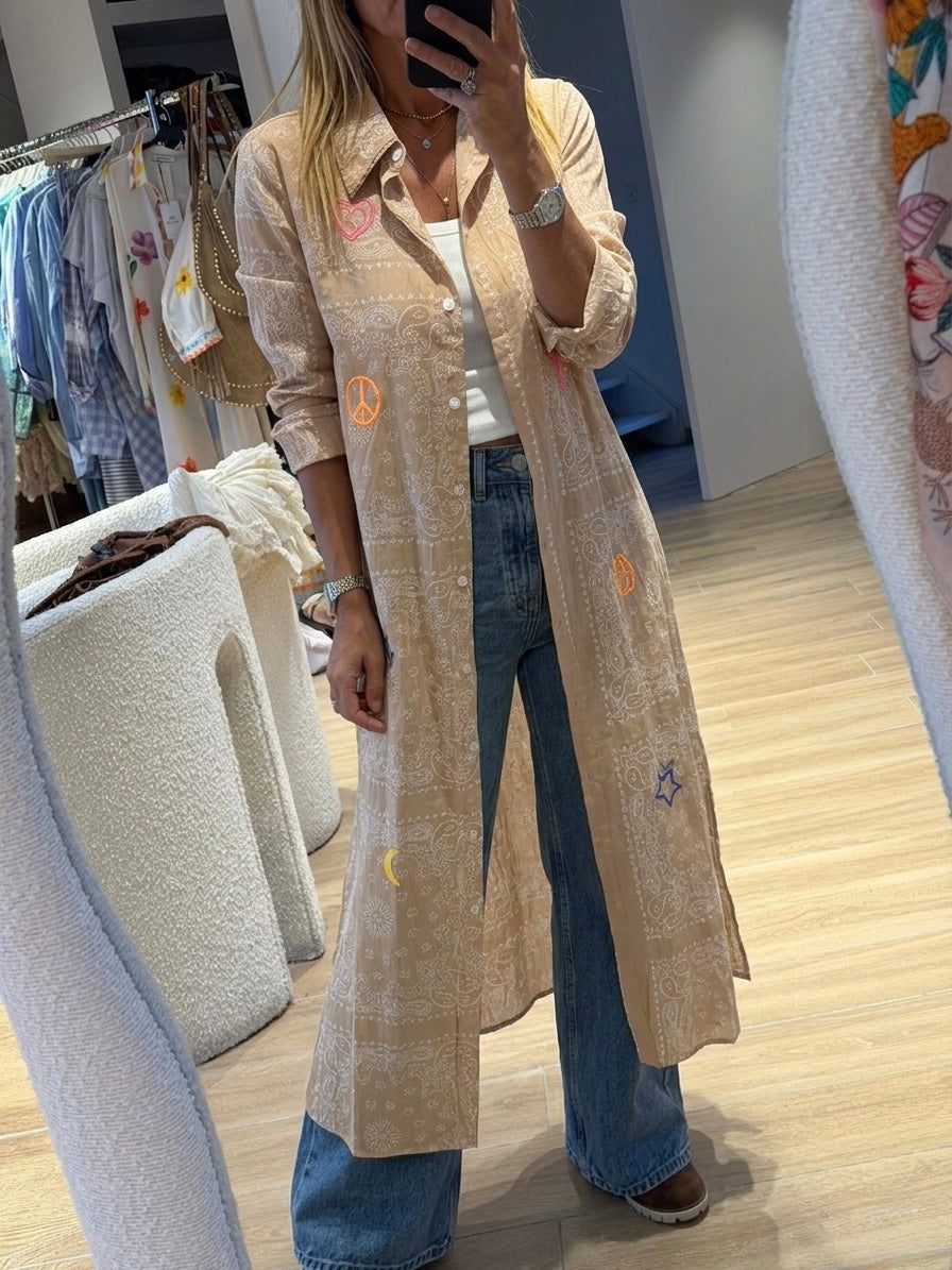 Midi Beige Embroidery Shirt Dress