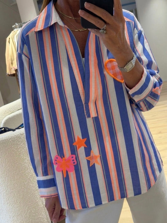 Hand embroidery blue striped shirt