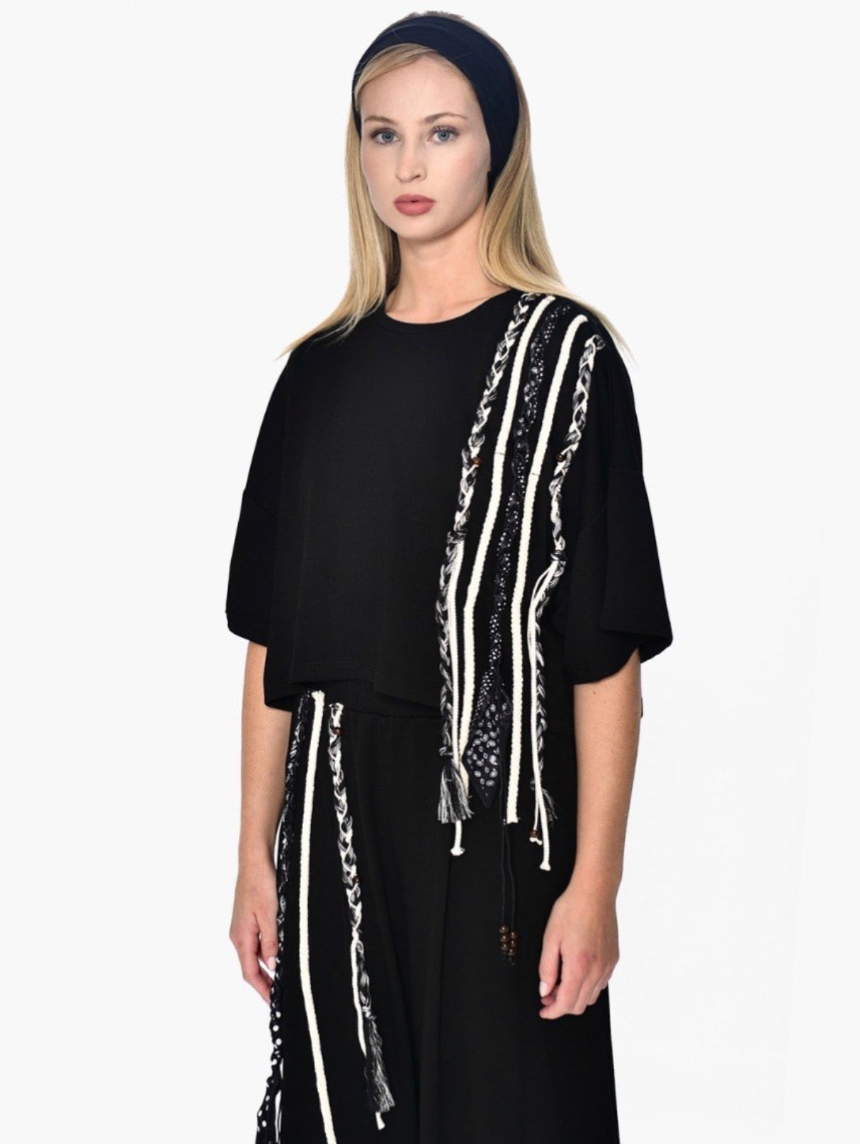 Black cotton Tshirt with tassle details