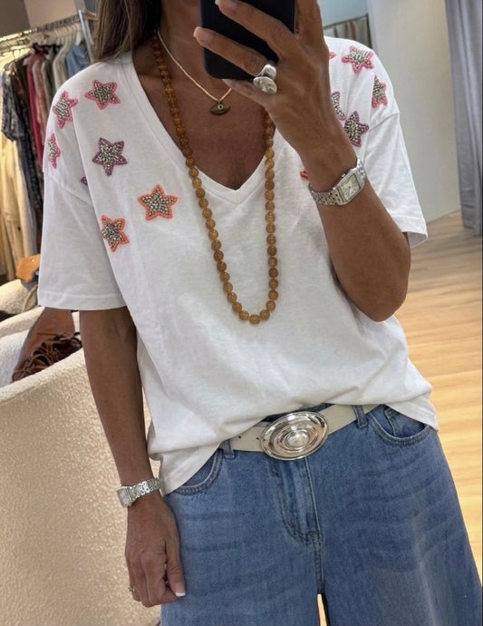 white Stars Embroidery Tshirt