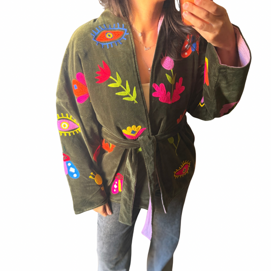 Premium Olive Velvet Embroidered Cardigan