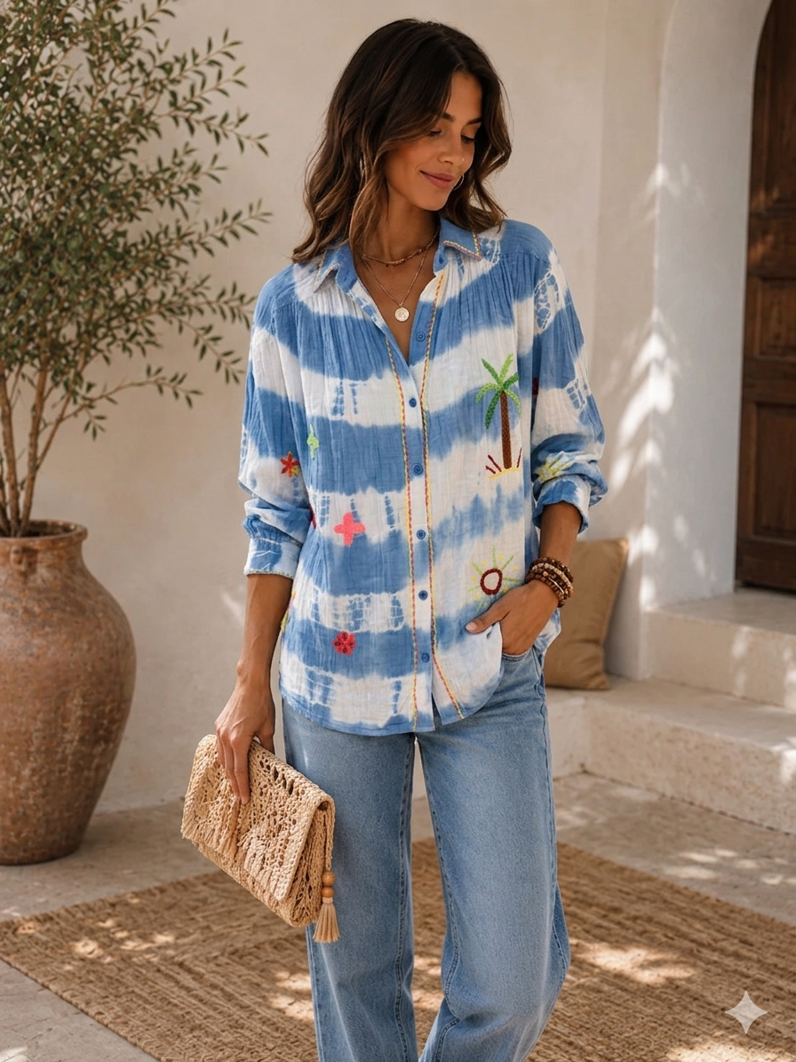 Tie Dye Embroidery Cotton Shirt