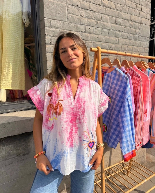 Short Sleeve Tie dye hand embroidery Shirt