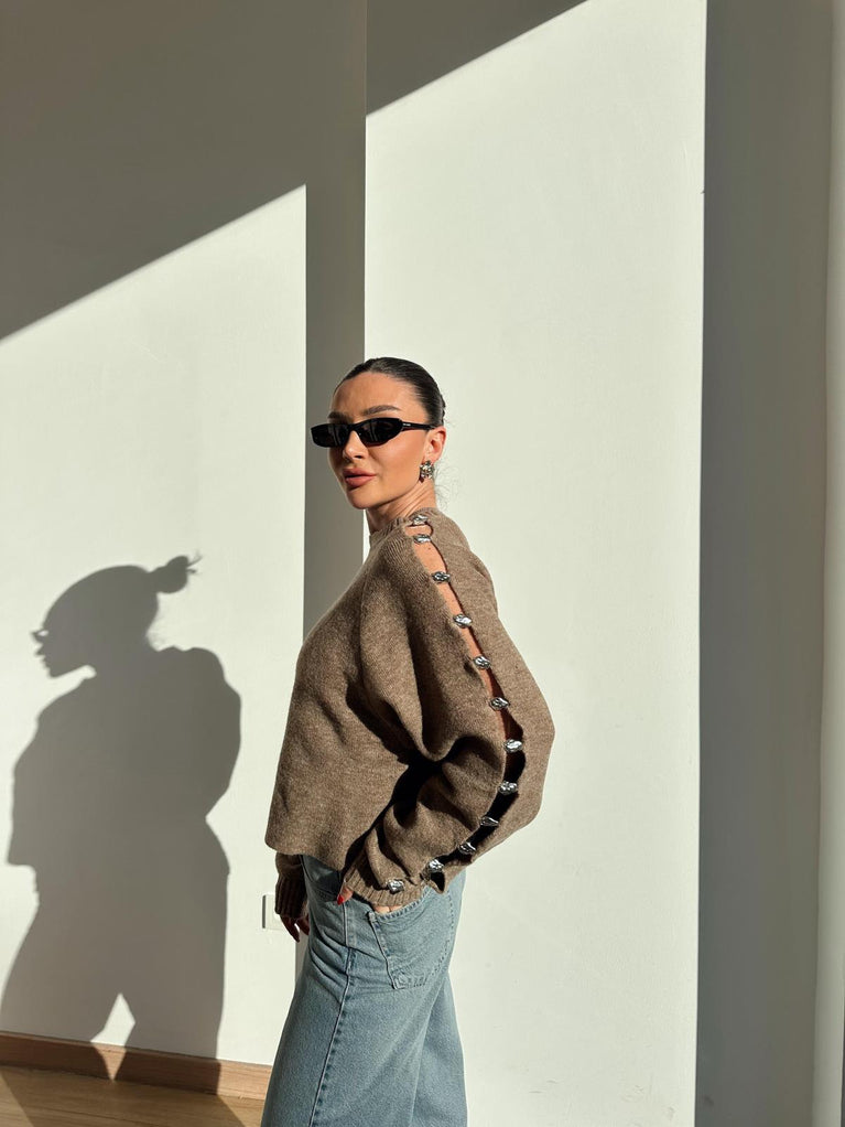 Beige Sleeve Silver Detailed Sweater