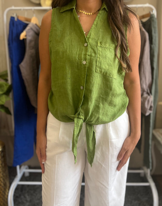 Italian 🇮🇹 Linen Green sleeveless Vest front knotted