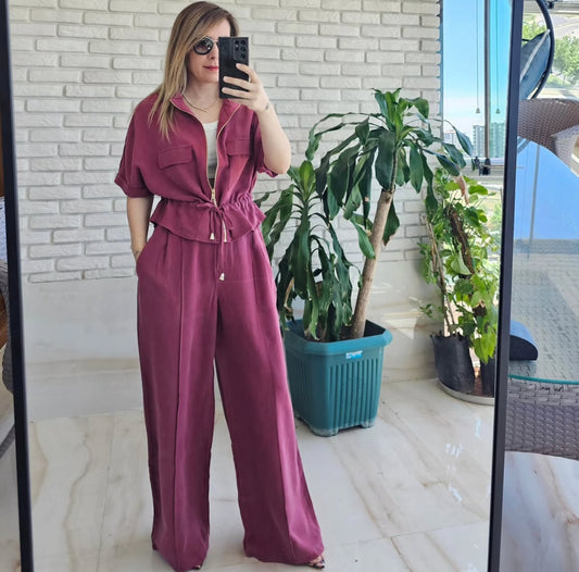 Viscose washed burgundy Set with Zipper details