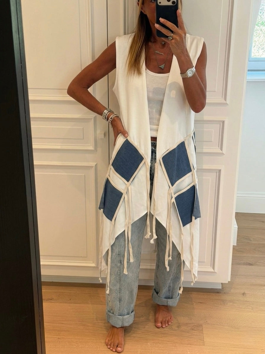 White x Denim patchwork Long Vest