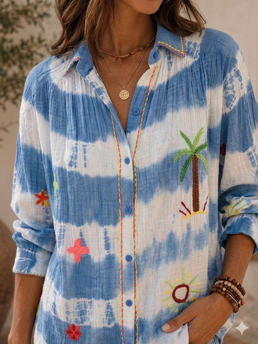 Tie Dye Embroidery Cotton Shirt