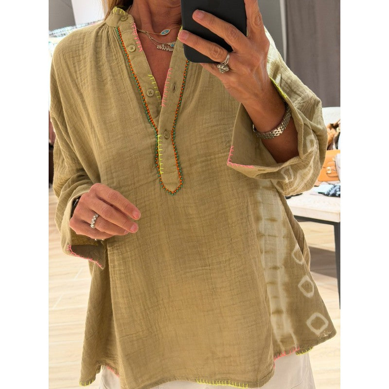 Hand Embroidery Tie Dye beige shirt