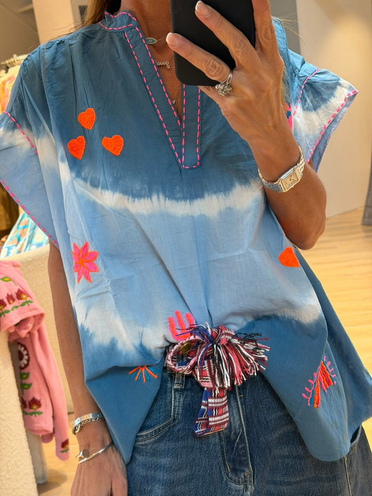 Blue Tie dye Short Sleeves Embroidery Shirt