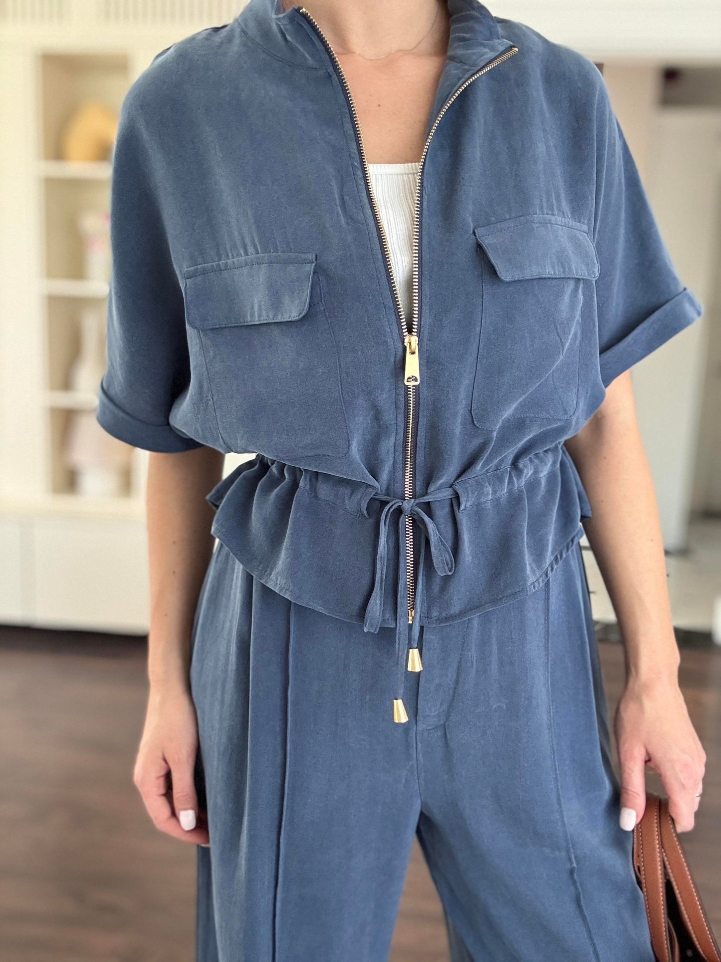 Viscose washed Blue Set with Zipper details