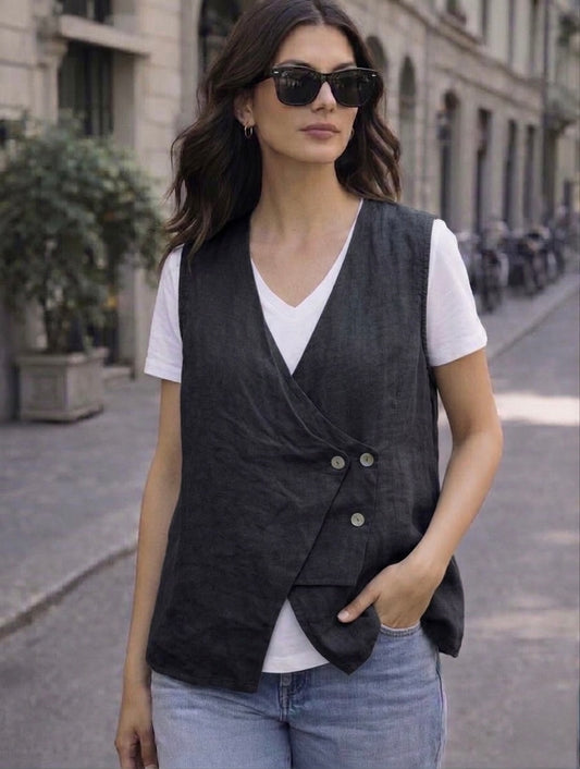 Dark Grey Italian 🇮🇹 Pure Linen Vest double buttons details