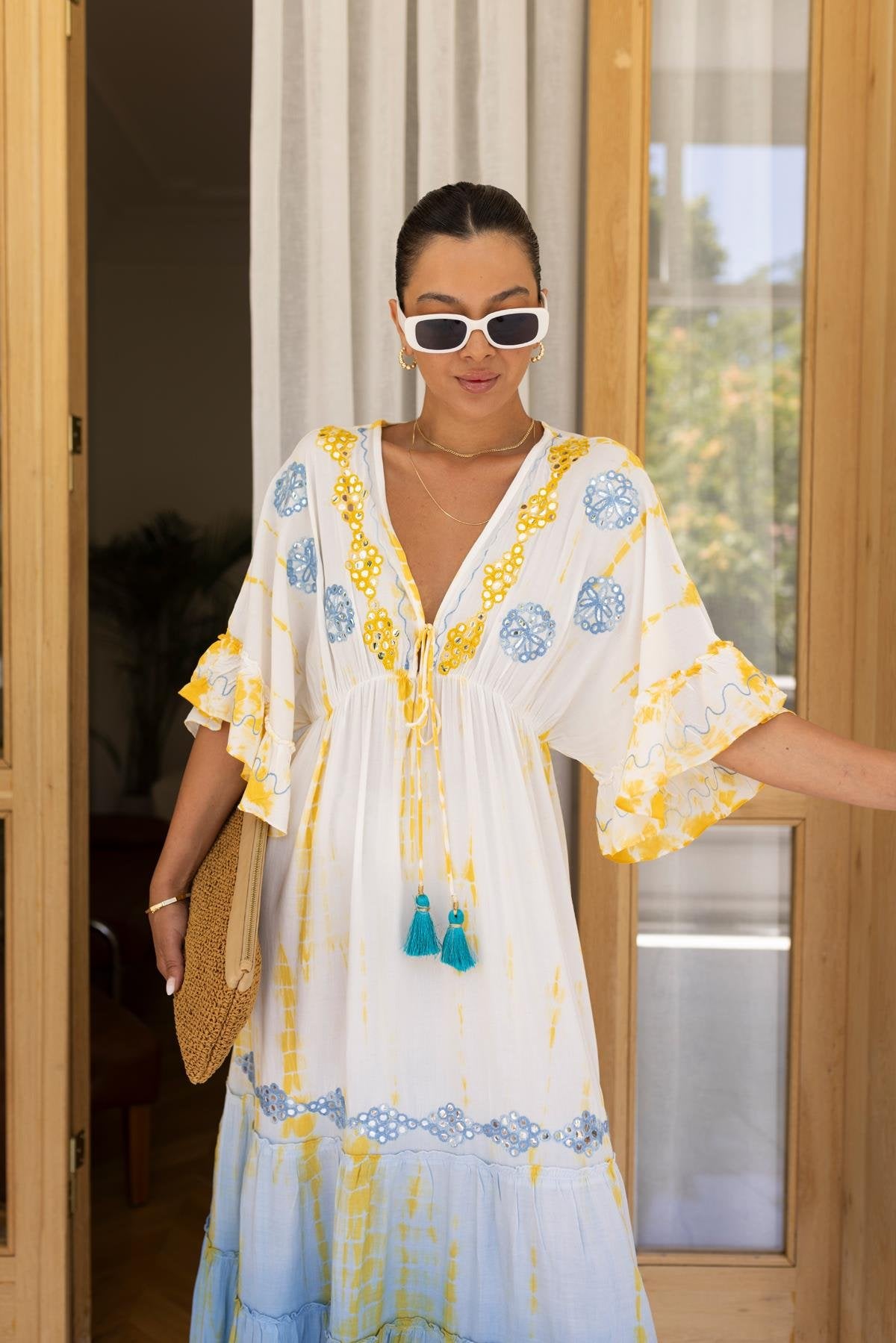 Embroidered Blue/Yellow Maxi Dress