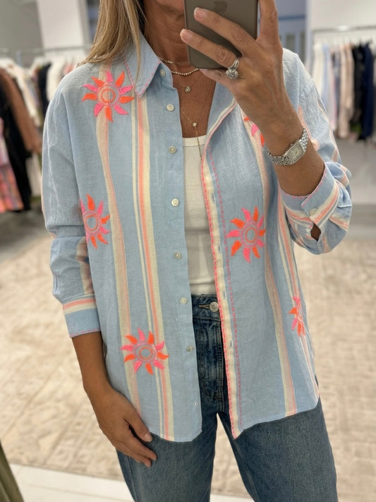 Hand embroidery blue striped shirt
