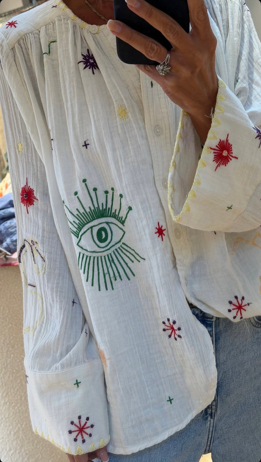 Hand Embroidery White oversized Shirt