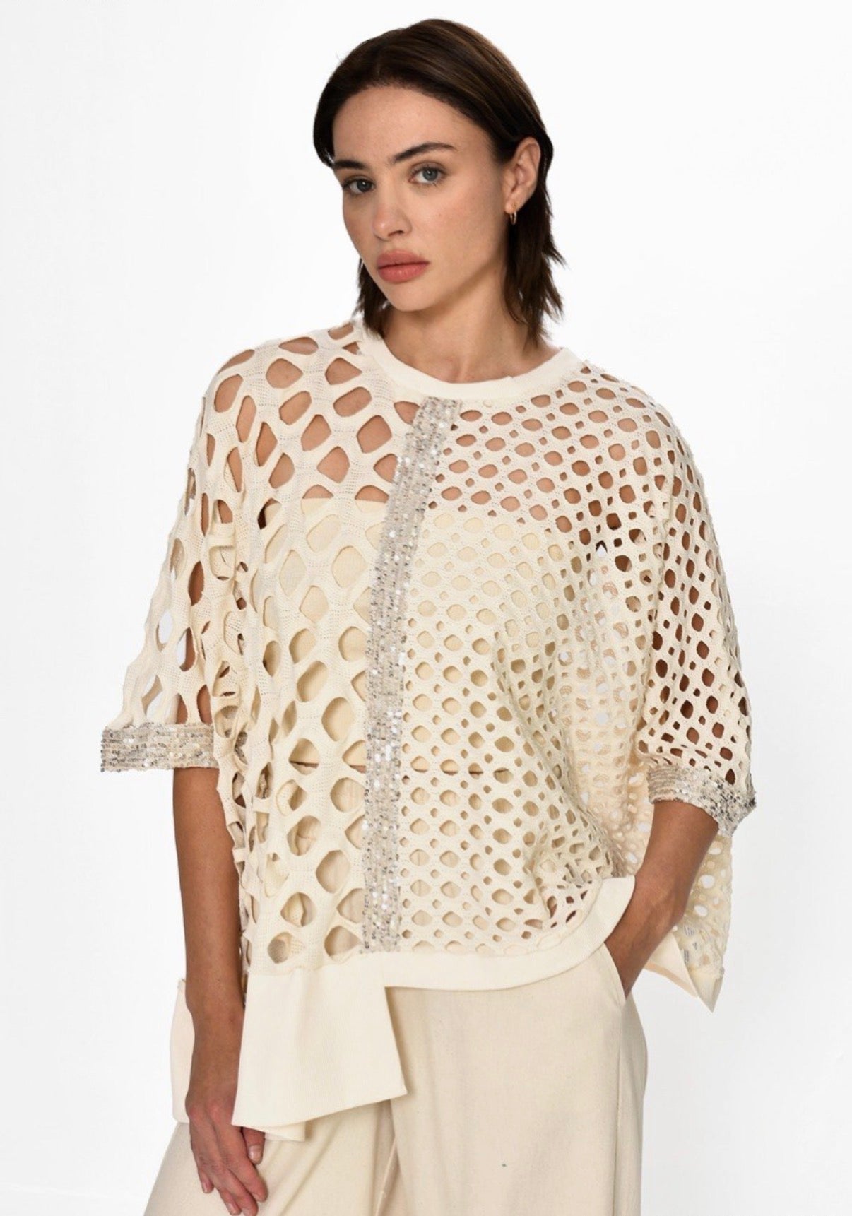 Beige Asymmetrical Blouse with sequins