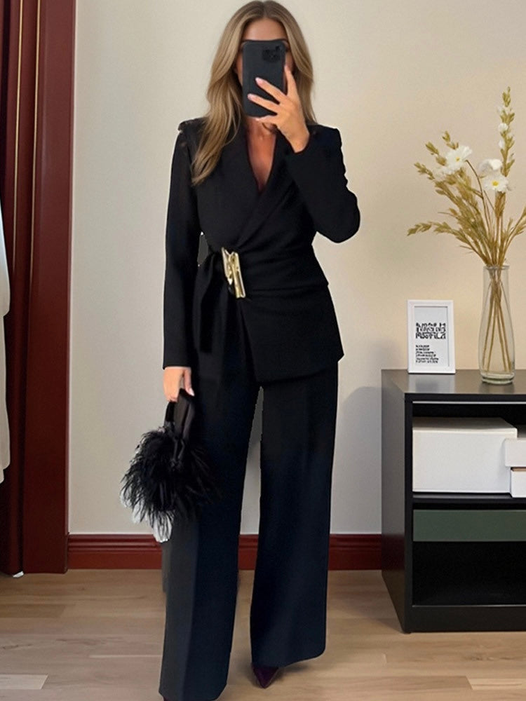 Black blazer with gold buckle