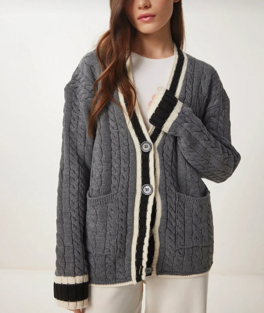 Grey Color block knitted Cardigan