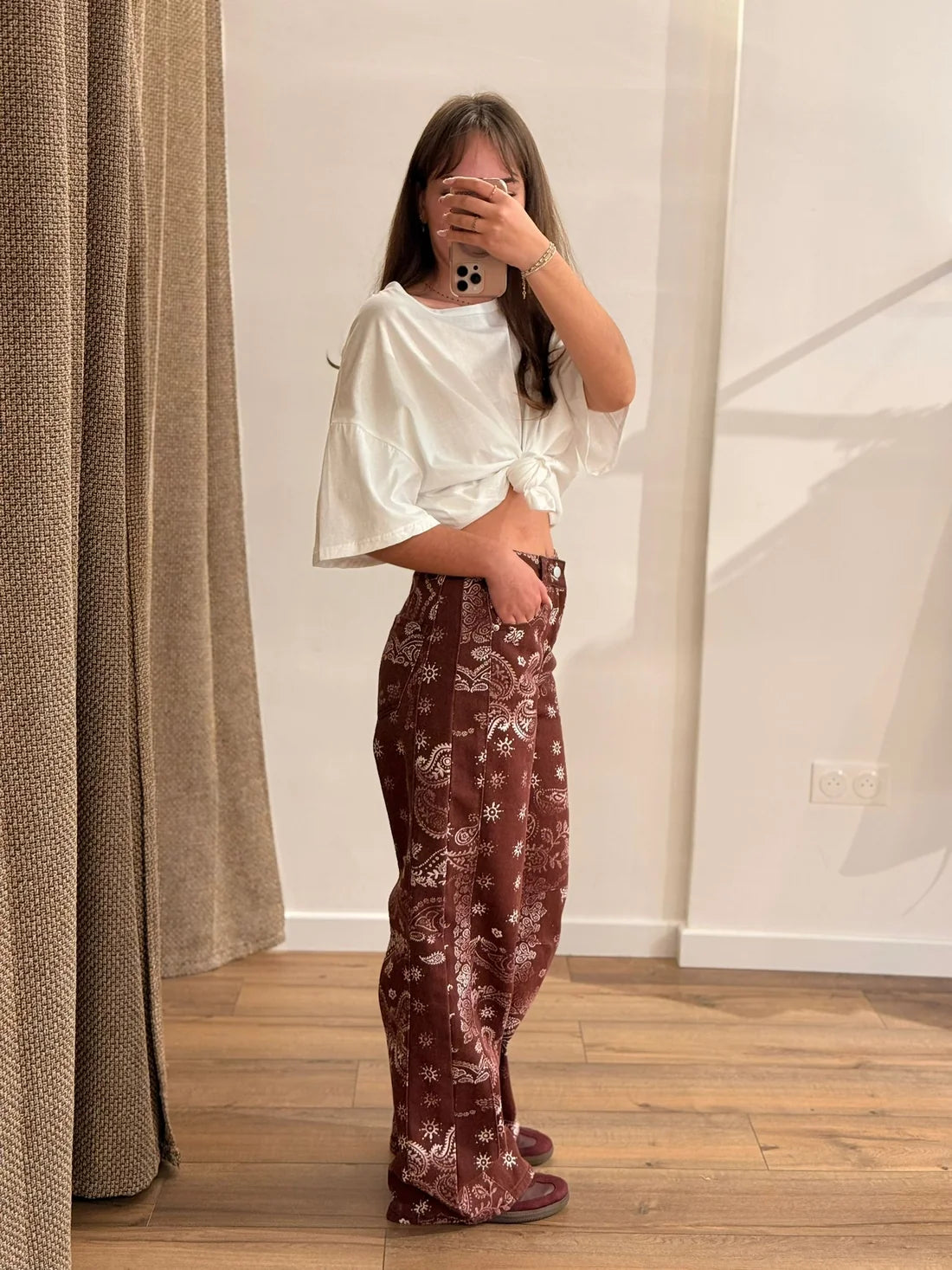 Burgundy Printed barrel Denim
