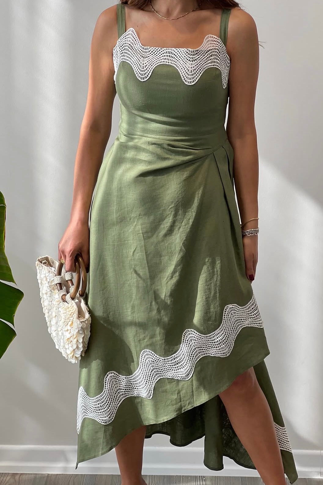Green linen asymmetrical Dress