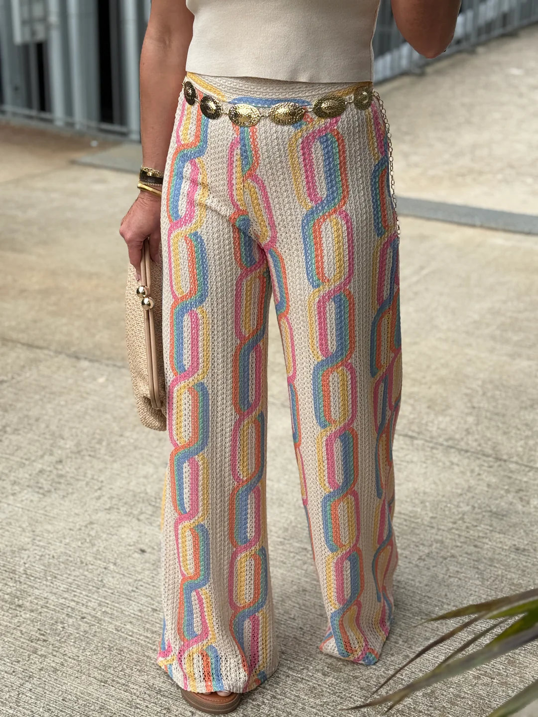 Knit Colorful Beige Wide Leg Pants