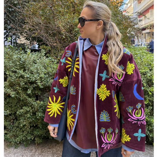 Premium Burgundy Velvet Embroidered Cardigan