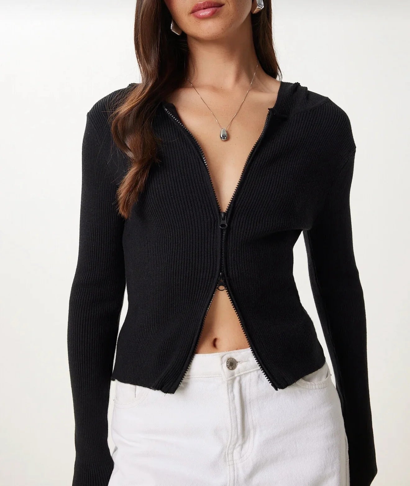 Hooded zipper Black knitwear cardigan