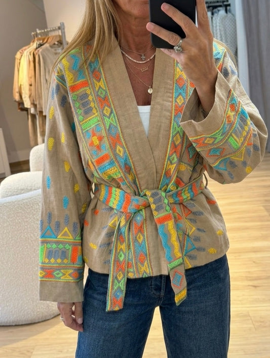 Embroidery Beige Linen Cardigan