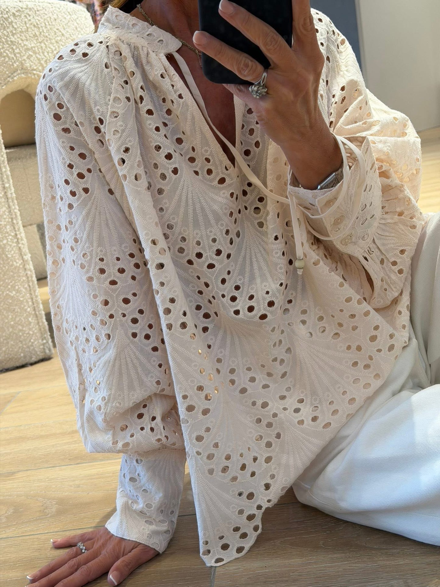 Cream Eyelet Boho Blouse