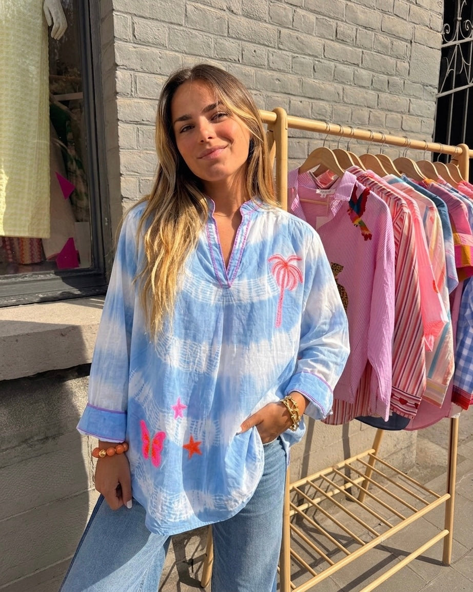 Hand embroidery blue tie dye shirt