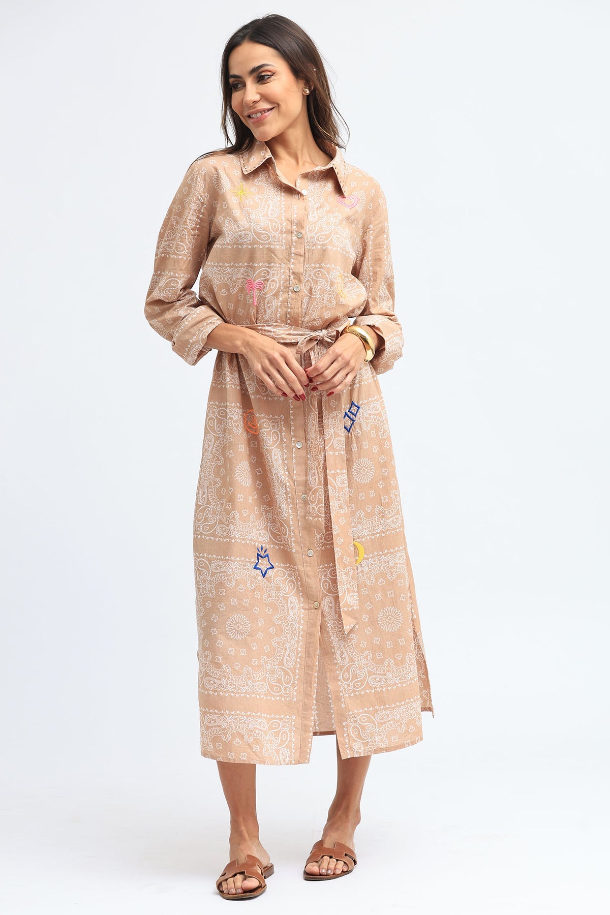 Midi Beige Embroidery Shirt Dress