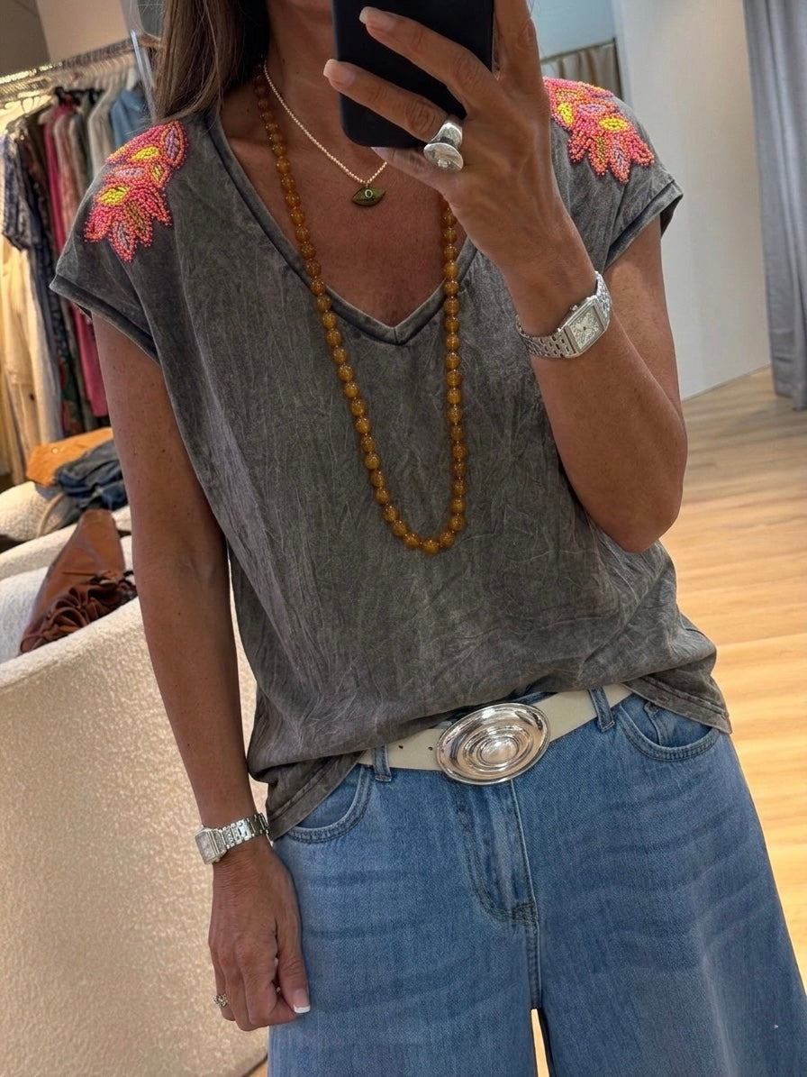Grey washed shoulder Embroidery Tshirt