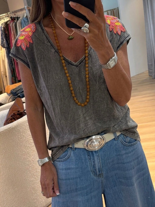 Grey washed shoulder Embroidery Tshirt