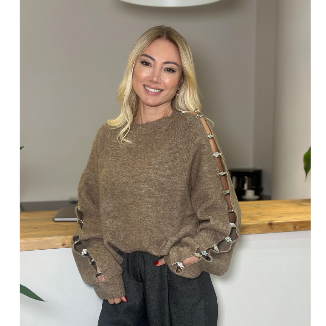 Beige Sleeve Silver Detailed Sweater