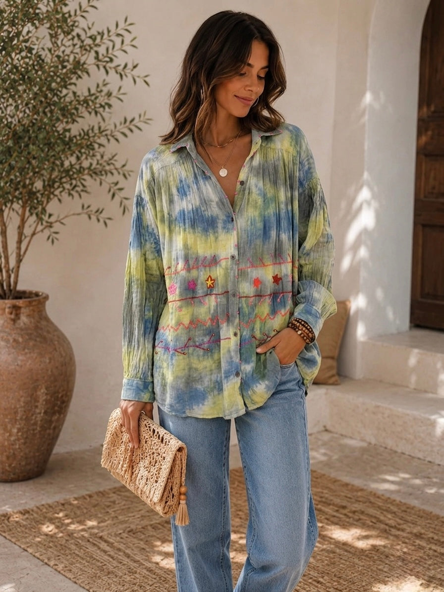 Tie Dye Embroidery Cotton Shirt