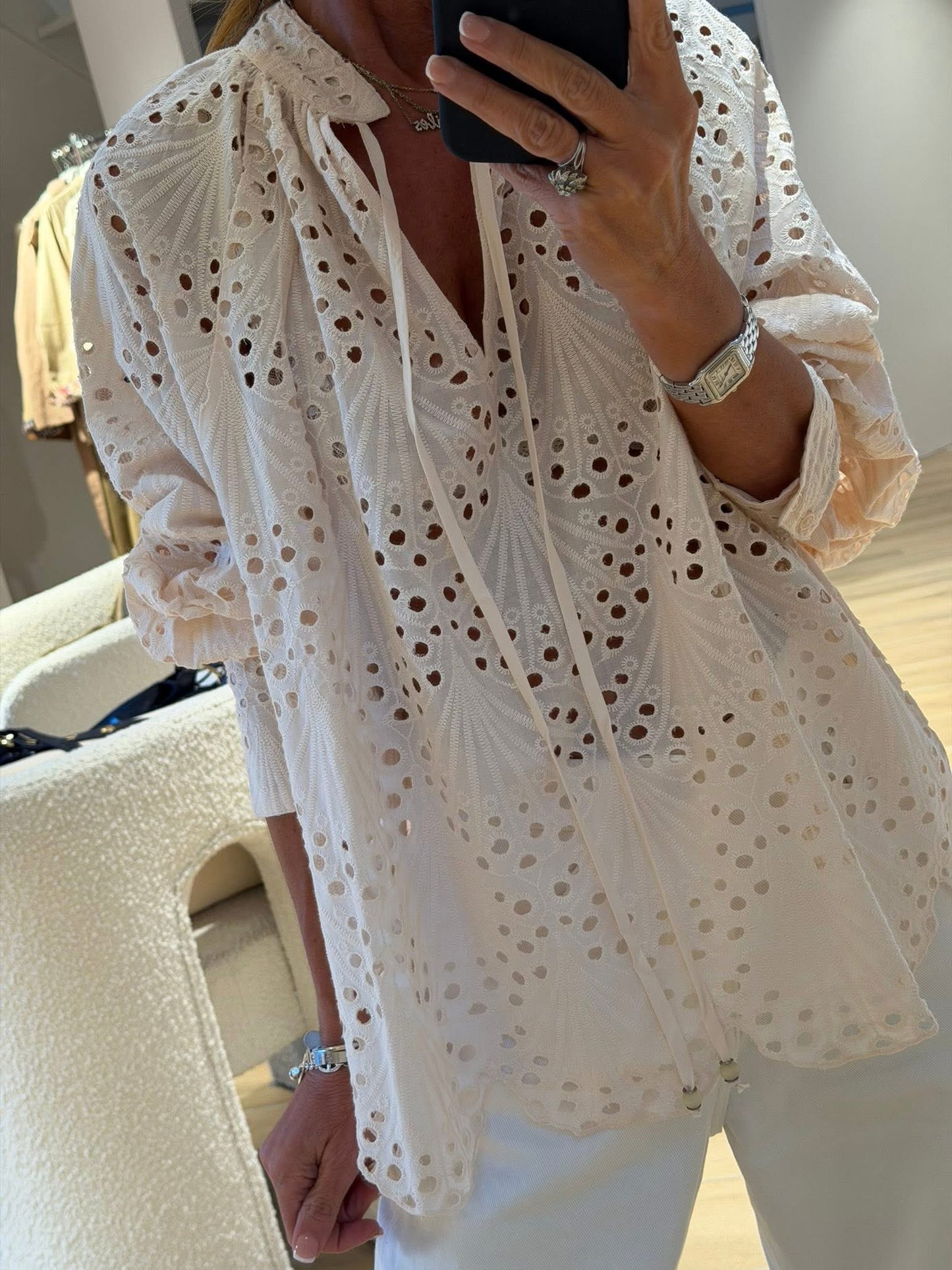 Cream Eyelet Boho Blouse