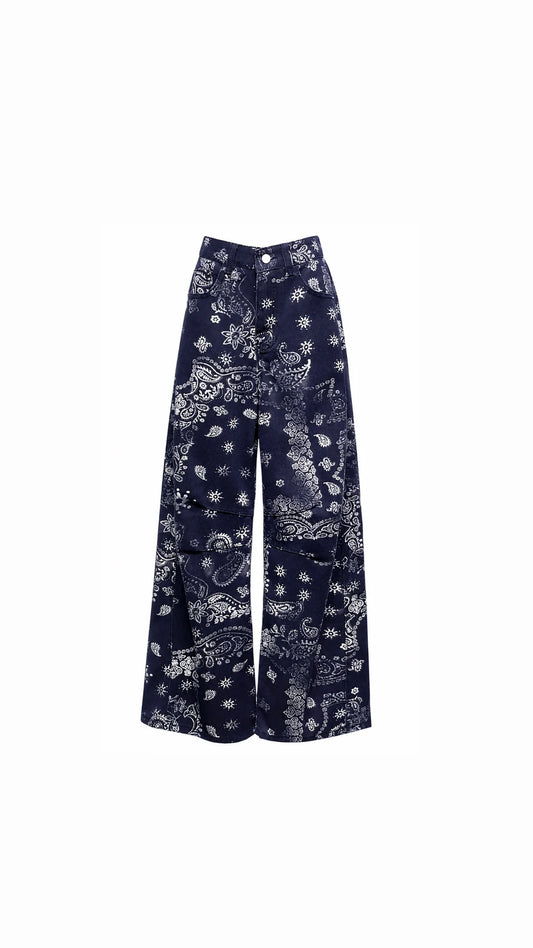 Navy Blue Printed barrel Denim
