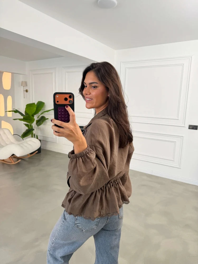 Brown Embroidered Light Jacket