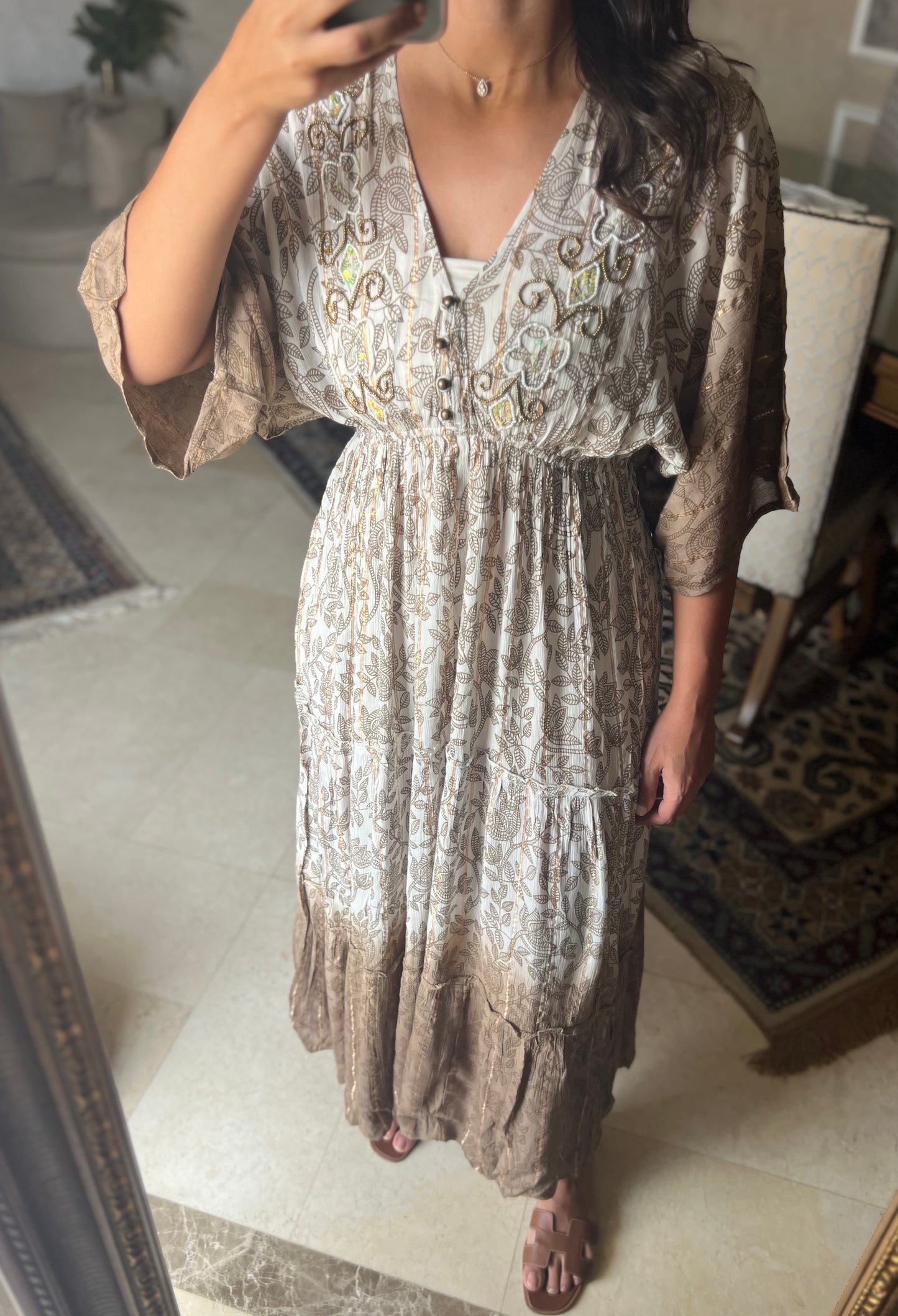 Embroidered Beige/Gold Maxi Dress