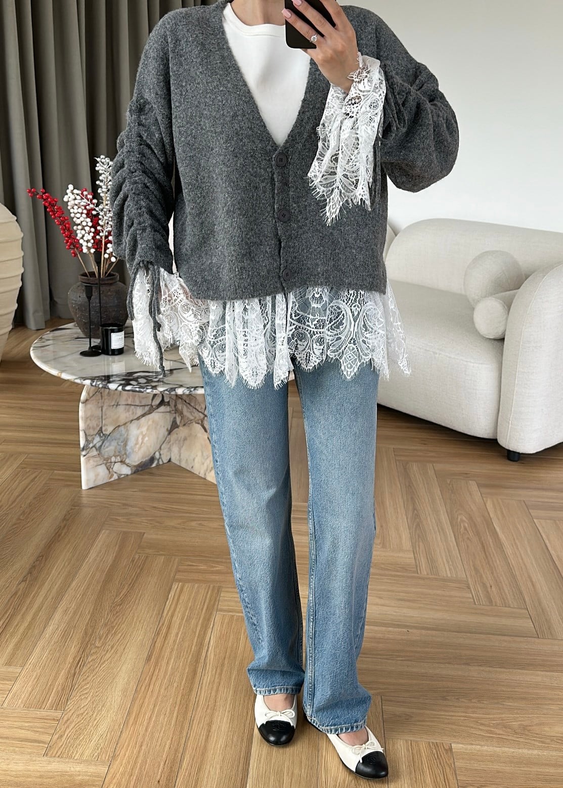 Lace Details Wool Grey Cardigan
