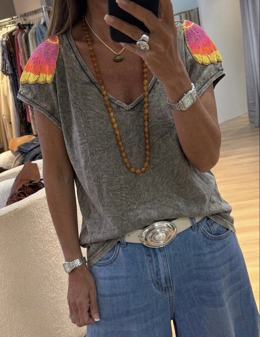 Grey washed shoulder Embroidery Tshirt