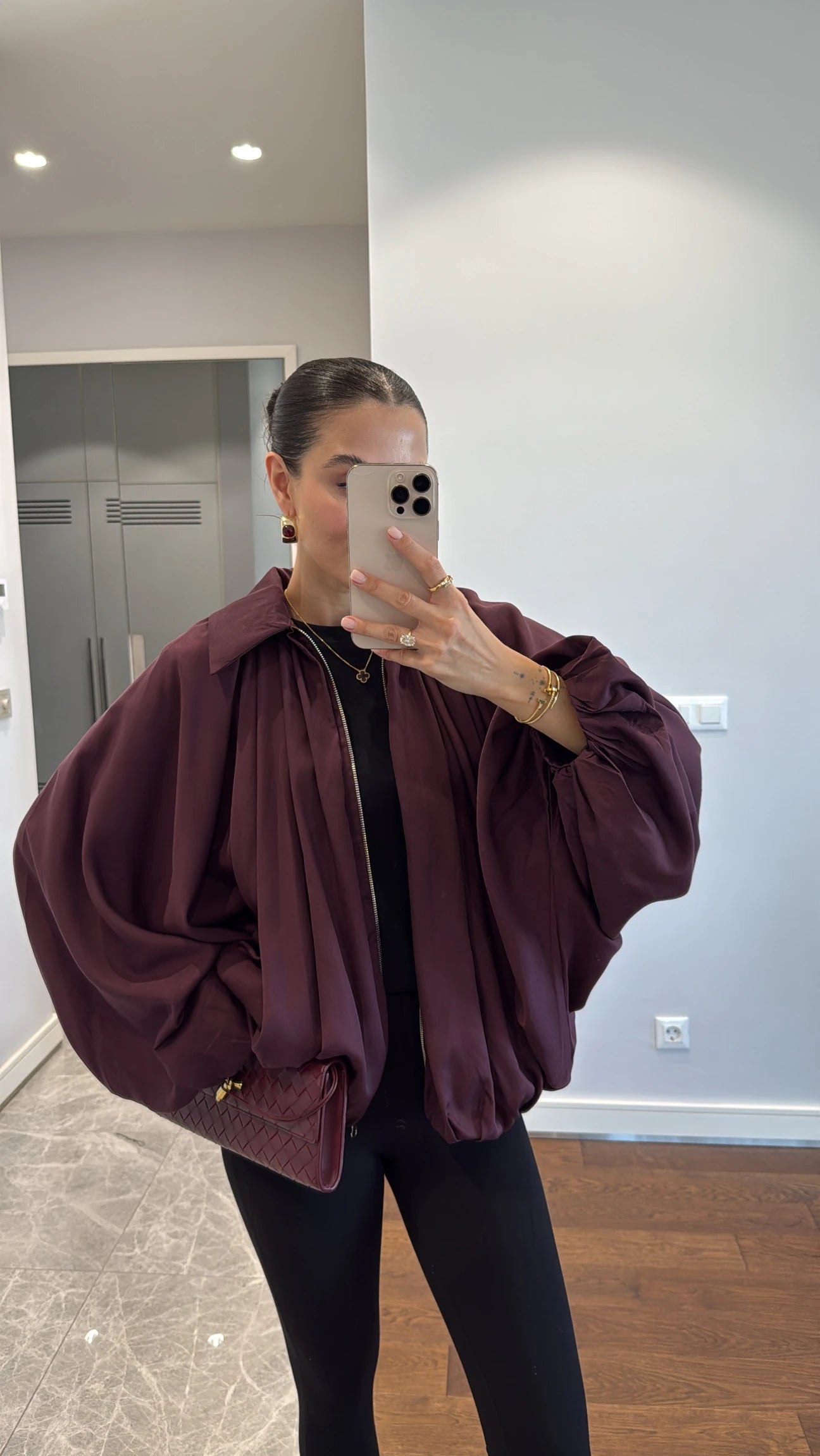 Oversized burgundy Satin batwing sleeve Jacket