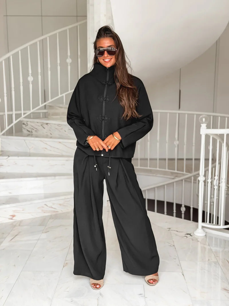 Black Crep Wide Leg Pants Set