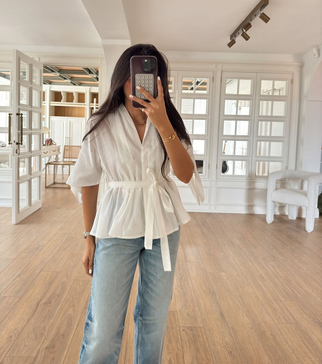 White belted Cotton Blouse