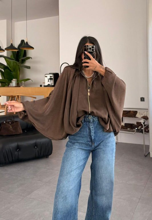 Oversized Brown Satin batwing sleeve Jacket