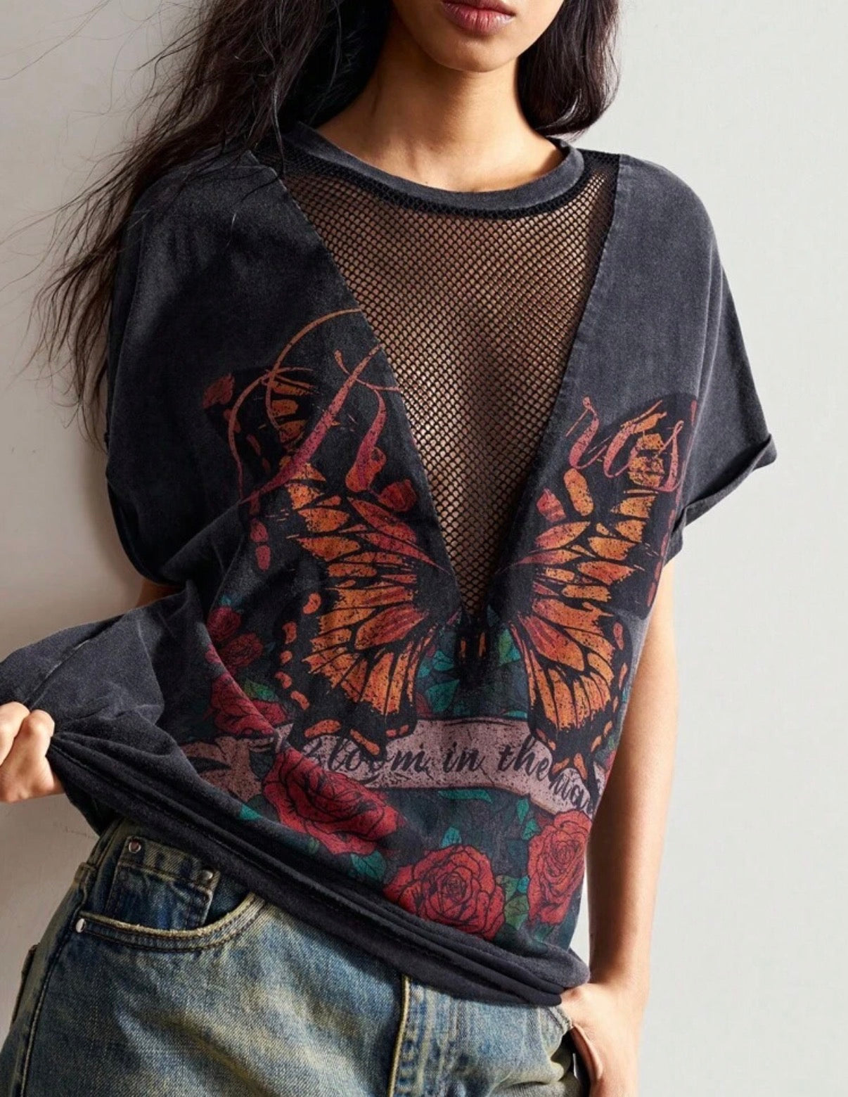 Bohemian collar knit patchwork T-shirt