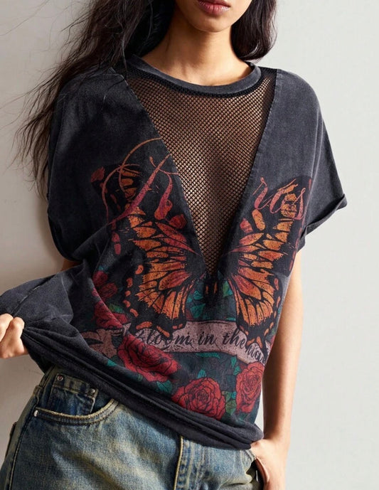 Bohemian collar knit patchwork T-shirt