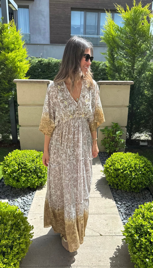 Embroidered Beige/Gold Maxi Dress