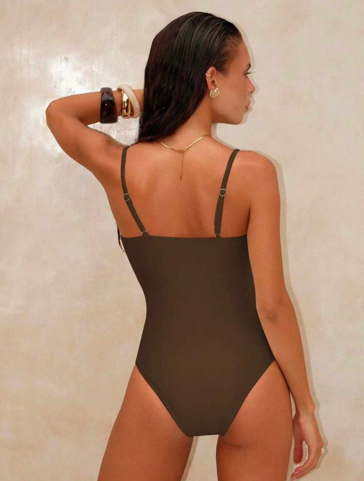 Brown Beaded Beige one Piece Swimsuit